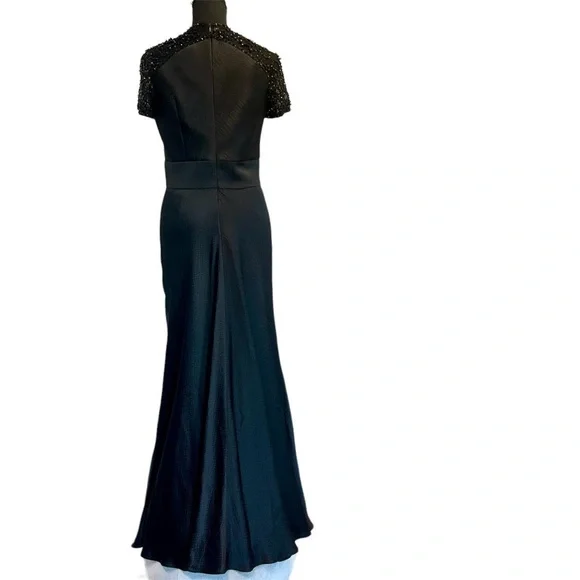 Badgley Mischka black beaded lace short sleeve silk formal evening gown 8 NWOT - Picture 7 of 17